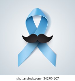 Prostate cancer ribbon awareness. Light blue ribbon with mustache. Vector illustration