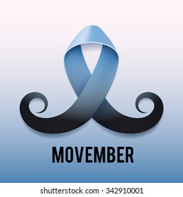 Prostate cancer ribbon awareness. Light blue ribbon with mustache. Vector illustration