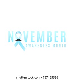 Prostate cancer ribbon awareness. Man's mustache. Fighting cancer. Blue ribbon. The month of November. Vector illustration