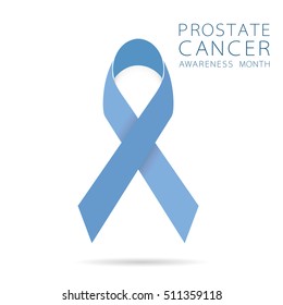 Prostate cancer ribbon awareness. November. Light blue ribbon with mustache. Vector illustration.