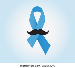 Prostate Cancer Ribbon Awareness On Blue Background. Light Blue Ribbon With Mustache.