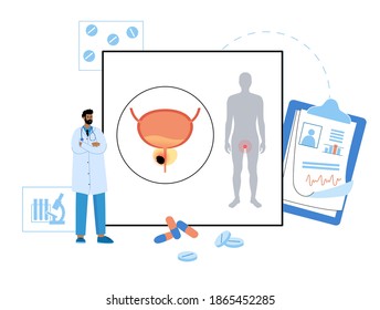 Prostate cancer vector. Doctor consults, set treatment and medicine. Oncology, swelling, tumor cells in male reproductive system. Pain in man internal organs. Bladder anatomy flat medical illustration