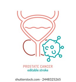 Prostate carcinoma, adenocarcinoma outline icon. Malignant cell growth sign. Medical, healthcare line pictogram. Prostatic cancer awareness. Editable vector illustration isolated on a white background