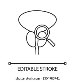 Prostate exam, check linear icon. Thin line illustration. Digital rectal examination. Prostate cancer diagnosis and tests. Contour symbol. Vector isolated outline drawing. Editable stroke