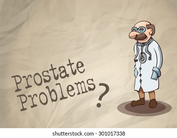 Prostate Problems Retro Card with a Doctor to Help, Vector Illustration. 
