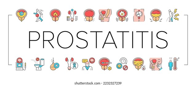 Die Symbole der Prostatitis-Krankheitssammlung setzen Vektorgrafik. Prostatitis Symptom, Untersuchung und Behandlung, Prostatakülung und Analyse Konzept linearen Piktogrammen. Farbtöne