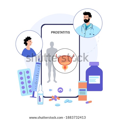 Prostatitis swelling, inflammation of prostate gland. Doctor consults and helps patient in online clinic app. Painful difficult urination. Pain in human male body. Bladder anatomy vector illustration.