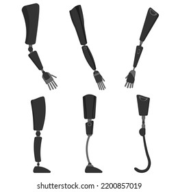 Prostheses Of Human Hands And Feet Set. Modern Black Upper Limb Replacements With Bionic Sensors For Comfortable Living And Vector Sports