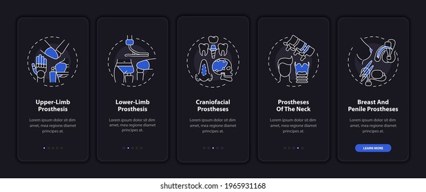 Prostheses kinds onboarding mobile app page screen with concepts. Upper-limb prosthesis walkthrough 5 steps graphic instructions. UI, UX, GUI vector template with linear night mode illustrations