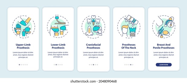 Prostheses types onboarding mobile app page screen with concepts. Upper-limb, neck prosthesis walkthrough 5 steps graphic instructions. UI, UX, GUI vector template with linear color illustrations