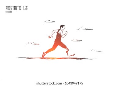 Prothesenkonzept. Handgezeichneter Mann mit Prothese. Behinderte Sportler führen eine einzelne Vektorillustration.
