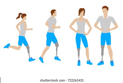 Prosthesis for legs vector set. Flat icons and signs. Standing man and woman with prosthesis. Running man and woman with prosthesis. Vector illustration