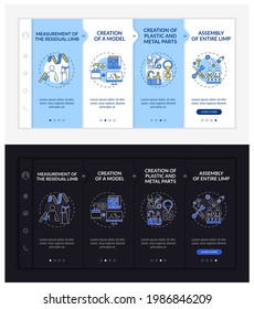 Prosthesis production onboarding vector template. Responsive mobile website with icons. Web page walkthrough 4 step screens. Components creation night mode concept with linear illustrations