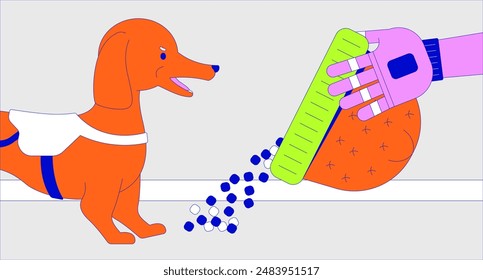 Brazo protésico que vierte la comida del sombrero al concepto de ilustración lineal 2D del perro. Alimentando a la mascota canina del fondo de la escena de dibujos animados del tazón en forma de gorra. Gráfico de Vector plano abstracto de metáfora de cuidado animal