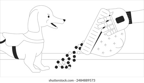 Brazo protésico que vierte la comida del sombrero al concepto de ilustración 2D blanco y negro del perro. Alimentando a la mascota del fondo de la escena del dibujo animado del contorno del tazón de la tapa. Metáfora de cuidado animal metáfora Arte vectorial monocromo