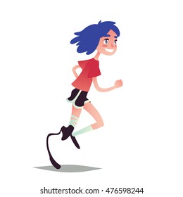 Prosthetic girl runner. Vector illustration of cute blue-haired girl with leg prosthesis running and smiling in flat cartoon style. Element for your design or art.