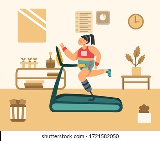 Prosthetic girl running on a treadmill. Stay at home, keep calm, meditation concept, health benefits for the body.Healthy lifestyle workout slimming relax. Flat style. Vector stock illustration