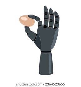 Prosthetic hand holding an egg. Concept mechanism, medicine, disability, equipment. Vector Illustration on white background. svg