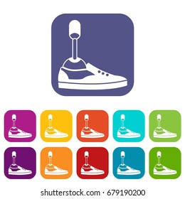 Prosthetic leg icons set vector illustration in flat style In colors red, blue, green and other