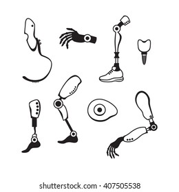 Prosthetic limbs flat icons. Modern Exoskeleton Prosthetic mechanism. Cyber prosthesis.