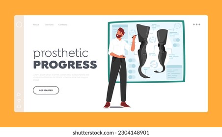 Plantilla de la página de inicio de progreso protésico. El Hombre Explica Las Opciones De Protesis De Las Piernas, Para Mejorar La Movilidad Y La Calidad De Vida. Carácter masculino de ingeniero prostético. Ilustración de vectores de personas de caricatura