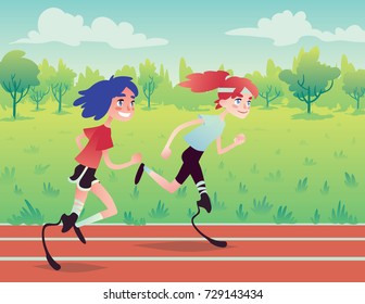 Prosthetic runners in the park. Vector illustration of fitness outdoor workout in flat cartoon style for your design. Two teen girls with leg prosthesis smiling and jogging on the park road.