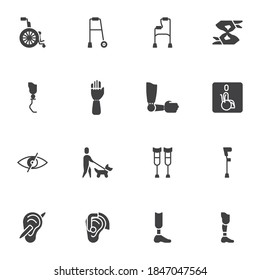 Prosthetic technology vector icons set, modern solid symbol collection, filled style pictogram pack. Signs, logo illustration. Set includes icons as disability walker, wheelchair, crutches, hearing