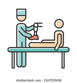 Prosthetics color icon. Medical nonsurgical procedure. Doctor, patient. Amputee with no limb. Mechanical leg prosthesis. Professional injury treatment. Help for veterans. Isolated vector illustration