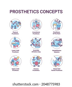 Prosthetics Concept Icons Set. Upper And Lower-limb Prosthesis Idea Thin Line RGB Color Illustrations. Rehabilitation Robotics. Entire Limb Assembly. Vector Isolated Outline Drawings. Editable Stroke