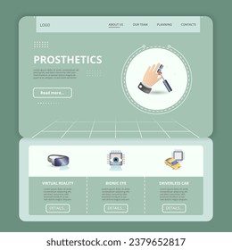 Plantilla del sitio web de la página de aterrizaje plana de la protésica. Realidad virtual, ojo biónico, auto sin conductor. Banner web con encabezado, contenido y pie de página. Ilustración vectorial.
