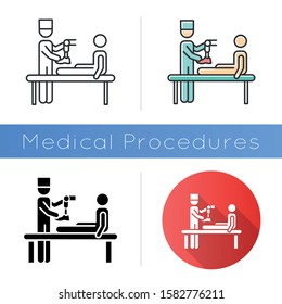 Prosthetics icon. Medical procedure. Doctor, patient. Amputee with no limb. Leg prosthesis. Injury treatment. Help for veterans. Flat design, linear and color styles. Isolated vector illustrations svg
