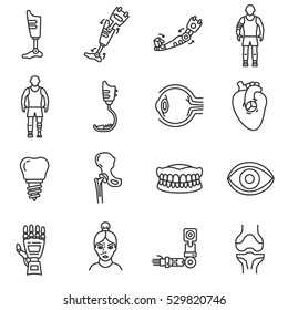 Prosthetics icons set. Medical mechanical prostheses and replacement of parts of the body, thin line design. 