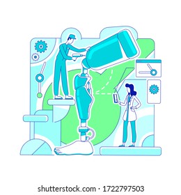 Prosthetics laboratory thin line concept vector illustration. Science doctor and engineer 2D cartoon characters for web design. Lab workers testing artificial leg. Robotics, bionics creative idea