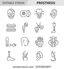 Prosthetics line icon set. Vector collection of prostheses with implant, hearing aid, hip joint, bionic arm, prosthetic leg. Editable stroke.