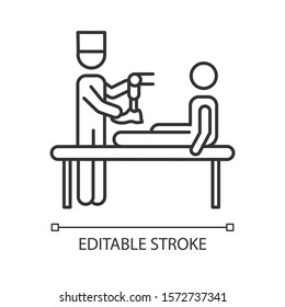 Prosthetics linear icon. Medical procedure. Doctor, patient. Amputee with no limb. Help for veterans. Thin line illustration. Contour symbol. Vector isolated outline drawing. Editable stroke