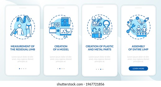 Prosthetics manufacturing onboarding mobile app page screen with concepts. Project modeling walkthrough 4 steps graphic instructions. UI, UX, GUI vector template with linear color illustrations