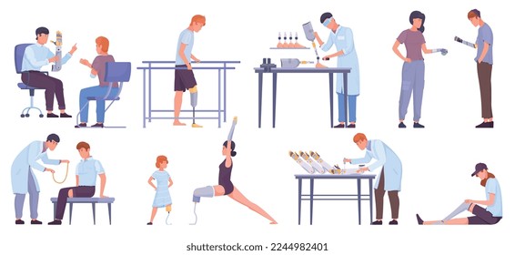 Prosthetics robotic flat set of isolated compositions with doctors helping injured patients with modern electronic aids vector illustration