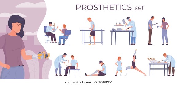 Prosthetics robotic flat set of isolated compositions with characters of patients physicians and wearable aid appliances vector illustration