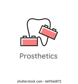 Prosthetics. Tooth with blocks set. Dental icon. Web pictogram for dentistry. Stomatology concept, logo or illustration. Line style.