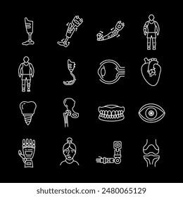 Prosthetics, white line icons. Medical mechanical prostheses and body part replacements. healthcare and rehabilitation themes. Symbols on black background. Editable stroke.