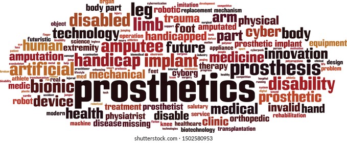 Prosthetics word cloud concept. Collage made of words about prosthetics. Vector illustration 
