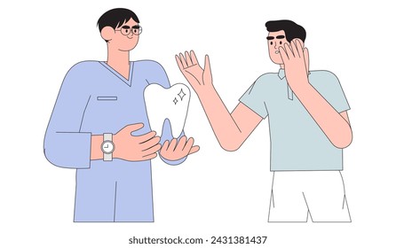 Prosthodontist making consultation about cosmetic dentistry or implants. Vector illustration of dentist holding big tooth determine the best size and shape of the implant and designing one.