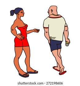 Prostitute in red dress and a client walking by