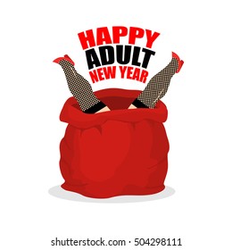 Prostitute in red sack of Santa Claus. Happy Adult New Year. Whore for present. Congratulations for men. Woman on holiday for fun