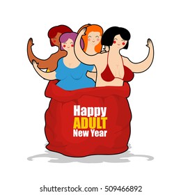 Prostitute in red sack of Santa Claus. Happy Adult New Year. Whore for present. Congratulations for men. Woman on holiday for fun