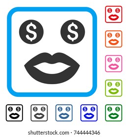 Prostitute Smile icon. Flat gray iconic symbol in a blue rounded frame. Black, gray, green, blue, red, orange color variants of Prostitute Smile vector. Designed for web and software user interface.
