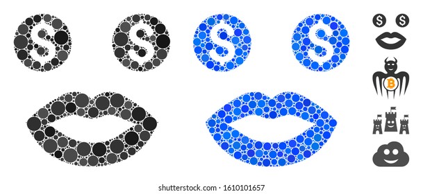 Prostitute smiley composition of spheric dots in various sizes and color tints, based on prostitute smiley icon. Vector dots are composed into blue composition.