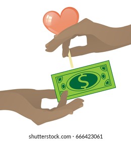 Prostitution concept. Hand with caramel in the shape of heart and dollar. Vector illustration for your design. On white background.