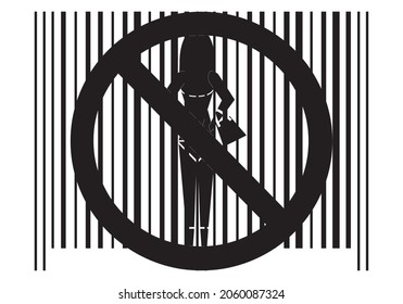 
Prostitution Prohibited. Abolition Of Prostitution. Bar Code With The Silhouette Of A Prostitute And The Forbidden Sign In Black And White.