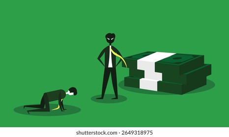 prostrate workers. evil and greedy boss. a rich boss who is mean to his subordinates. workers who ask for forgiveness from their superiors. simple minimalist vector design